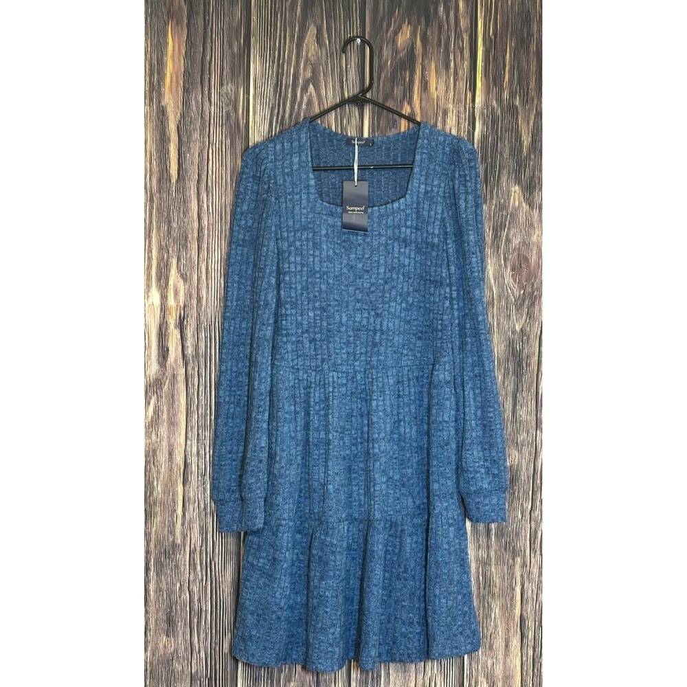 Sampeel Womens  Dress L Blue Long Sleeve Tiered Knit Mini Square Neck bohemian